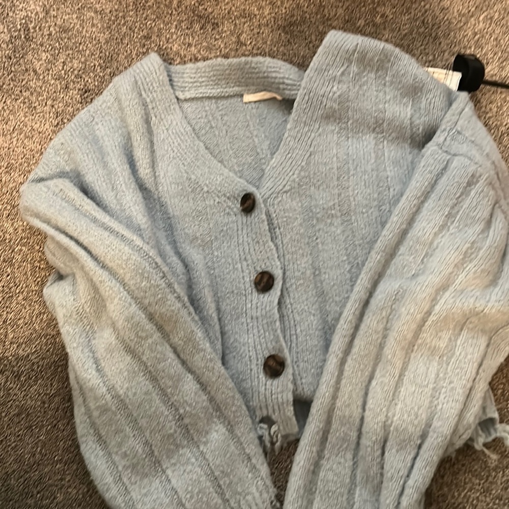 Blue off the shoulder cropped button down sweater